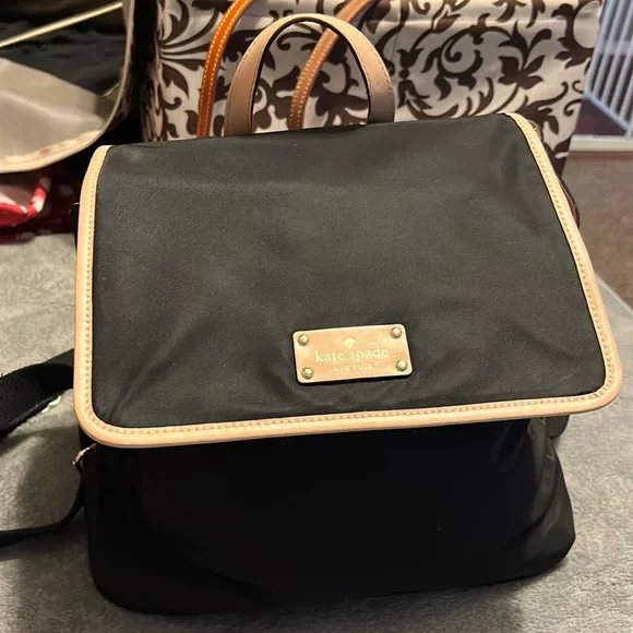 Kate Spade Black Kennedy Park Nylon Leather-Trim Backpack Kate Spade NY Black Nylon Backpack W/Beige Leather Trim | eBay main image 4
